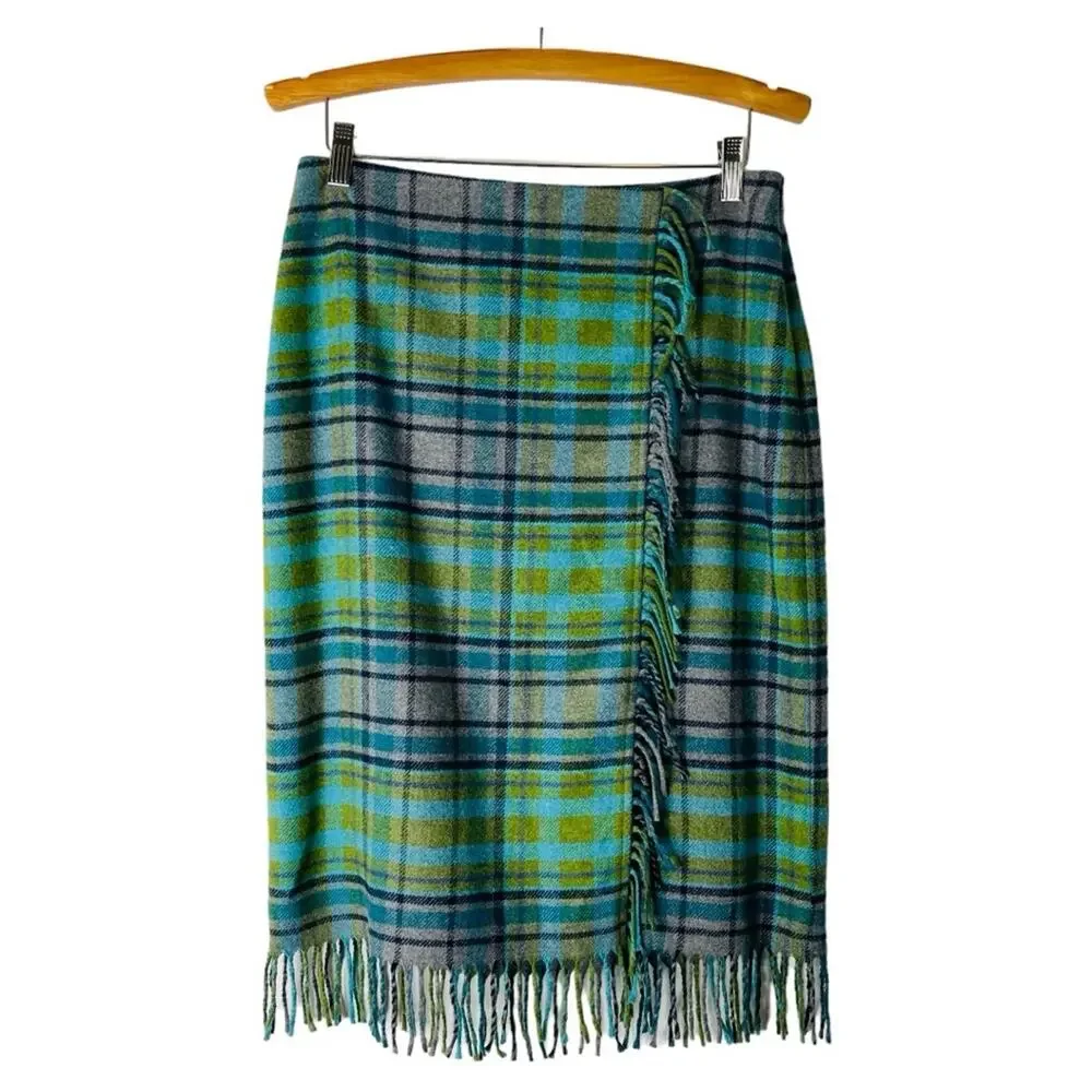 J. Jill blue grey green plaid fringe midi preppy office academia skirt 6
